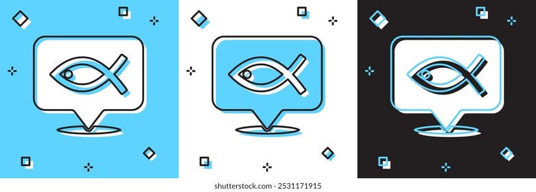 Set Christian fish symbol icon isolated on blue and white, black background. Jesus fish symbol.  Vector