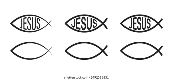 A set of Christian fish symbols, a fish of Jesus, a fish with the inscription Jesus, ichthys, a religious symbol of faith in Jesus Christ.