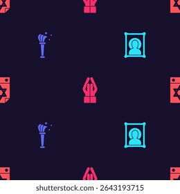 Set Christian icon, Aspergillum, Hands in praying position and Jewish calendar on seamless pattern. Vector