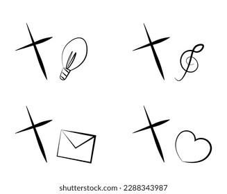 Set Christian icon Cross with different elements in line in black and white