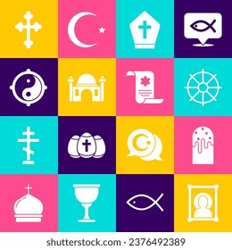 Set Christian icon, Easter cake, Dharma wheel, Pope hat, Muslim Mosque, Yin Yang, cross and Torah scroll icon. Vector