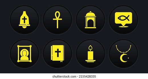 Set Christian icon, fish, Holy bible book, Burning candle, Muslim Mosque, Cross ankh, Star crescent chain and Church bell icon. Vector