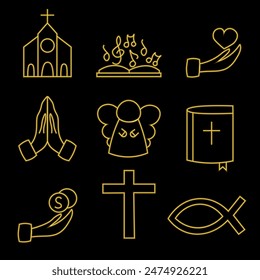 Set Christian Icons in line in neon effect