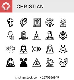 Set of christian icons. Such as Crown of thorns, Orthodox cross, Prayer, Bible, Taoism, Gothic, Pastor, Grave, Church, Priest, Dead, Jesus, Christianity, Nun , christian icons