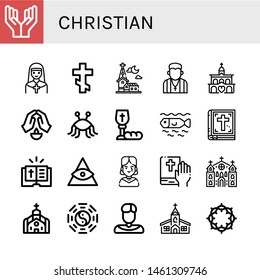 Set of christian icons such as Prayer, Nun, Orthodox cross, Church, Pastor, Pastafarianism, Communion, Dead, Bible, God, Gothic, Taoism, Priest, Crown of thorns , christian