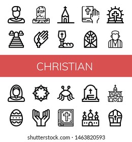 Set of christian icons such as Priest, Heaven, Grave, Prayer, Church, Communion, Bible, Stained glass window, Pastor, Nun, Easter egg, Crown of thorns, Pastafarianism , christian