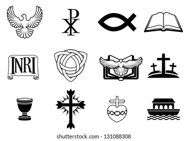 A set of Christian icons and symbols, including dove, Chi Ro, fish symbol, bible, INRI sign, trinity christogram, cross, communion cup, ark and more