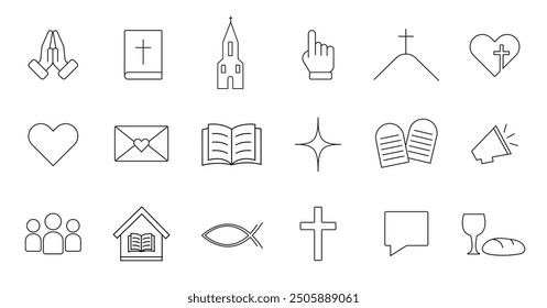 A set of Christian images. Linear icons set. Icons on the Christian theme.