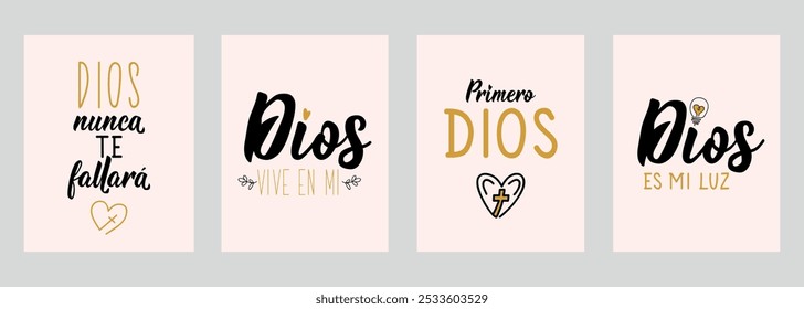 Set of Christian phrases in Spanish. Translation from Spanish - God lives on me, God first, God is my light, God will never fails you. Lettering. Ink illustration.