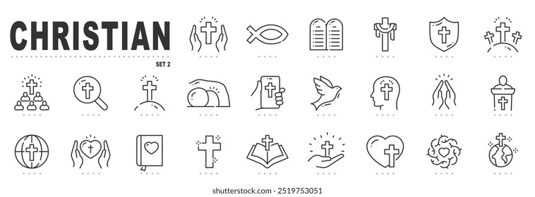 Set of christian related line icon set. Cross, bible, christmas, easter, dove etc. Editable stroke