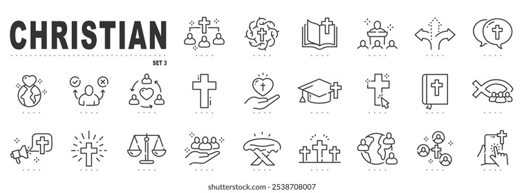 Set of christian related line icon set. Cross, bible, christmas, easter, dove etc. Editable stroke. Set 3