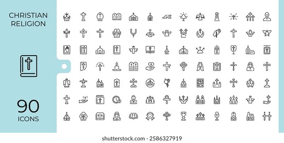 Set of Christian Religion line icons. Contains such icons as christianity, holy, catholicism, peace, spirit, easter and more. Minimal linear icons. Minimalist editable vector stroke.