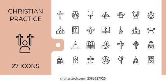 Set of Christian Religion line icons. Contains such icons as christianity, holy, catholicism, peace, spirit, easter and more. Minimal linear icons. Minimalist editable vector stroke.