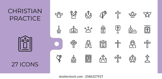 Set of Christian Religion line icons. Contains such icons as christianity, holy, catholicism, peace, spirit, easter and more. Minimal linear icons. Minimalist editable vector stroke.