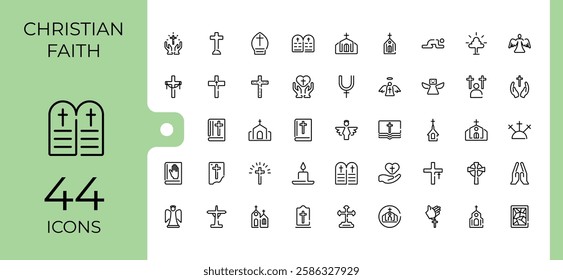 Set of Christian Religion line icons. Contains such icons as christianity, holy, catholicism, peace, spirit, easter and more. Minimal linear icons. Minimalist editable vector stroke.