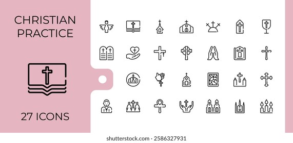 Set of Christian Religion line icons. Contains such icons as christianity, holy, catholicism, peace, spirit, easter and more. Minimal linear icons. Minimalist editable vector stroke.