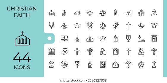 Set of Christian Religion line icons. Contains such icons as christianity, holy, catholicism, peace, spirit, easter and more. Minimal linear icons. Minimalist editable vector stroke.