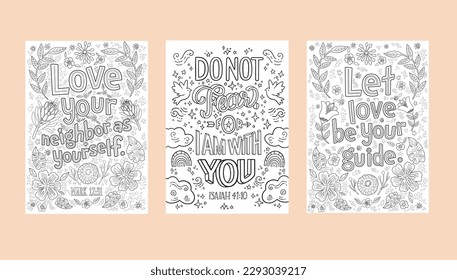 Set of Christian religious coloring pages for children and adults. Bible verses.Emotional support during crisis times. Printable lettering illustration, modern typography. Adult coloring, hobby.