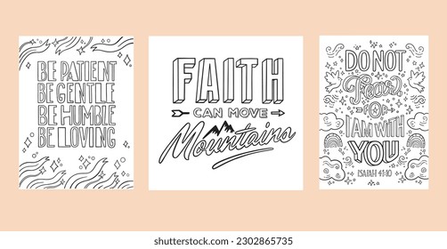 Set of Christian religious coloring pages for children and adults. Bible verses.Emotional support during crisis times. Printable lettering illustration, modern typography. Adult coloring, hobby