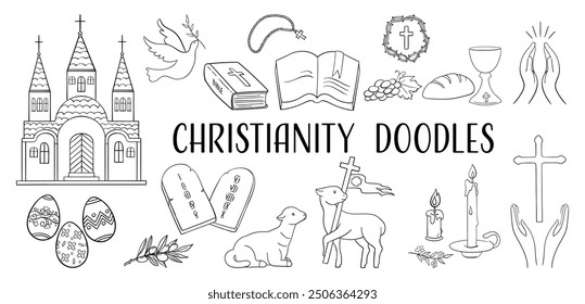 Set of Christian religious doodle icons. Christian symbols hand drawn style. Religious holidays concept. Vector illustration