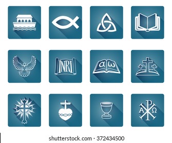 A set of Christian religious icons and symbols including fish and noah s ark