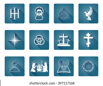 A set of Christian religious icons and symbols including nativity scene