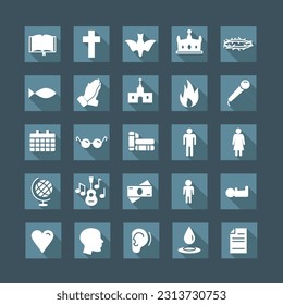 A set of Christian religious icons that can be used for a website or UI, set in squares with shadows.