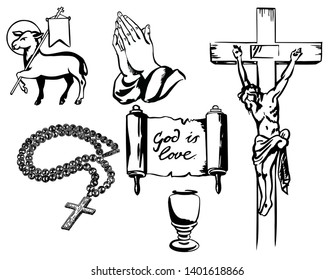 A set of Christian religious signs and symbols. Crucifixion, grail, rosary, scroll, lamb of God. Religious symbols set sketch.