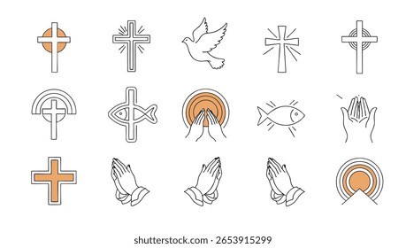 Set of Christian vector icons featuring crosses, doves, praying hands, fish, and spiritual symbols. Clean, minimal line art with soft colors for religious and inspirational designs.