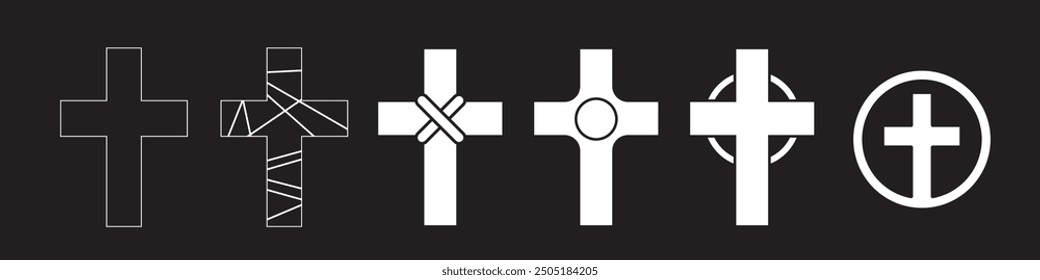 Set of Christian white Cross isolated on black. Abstract vector bible cross icons isolated. Vector illustration. Collection white Christian Crosses