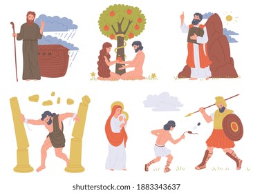 A set of christianity bible characters. Legendary historical people from biblical religious stories. Flat cartoon vector illustration isolated on a white background.