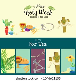 Set for Christianity holy week before easter, Lent and Palm or Passion Sunday, Good Friday crucifixion of Jesus and his death, Stations of Cross, God Last Supper Crown of thorns vector illustration