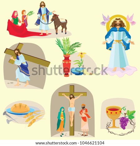 Set for Christianity holy week before easter, Lent and Palm or Passion Sunday, Good Friday crucifixion of Jesus and his death, Stations of Cross, God Last Supper Crown of thorns vector illustration