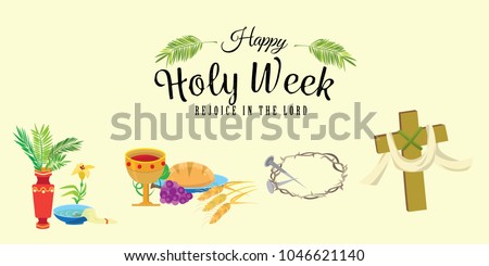 Set for Christianity holy week before easter, Lent and Palm or Passion Sunday, Good Friday crucifixion of Jesus and his death, Stations of Cross, God Last Supper Crown of thorns vector illustration