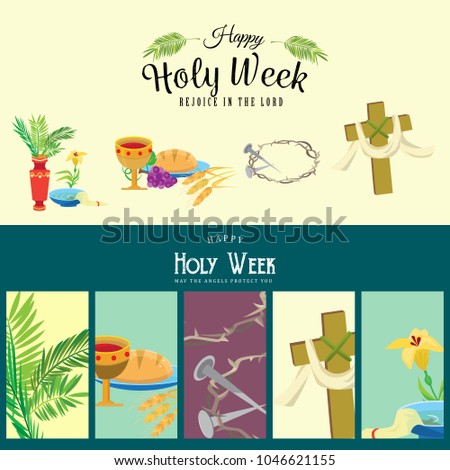 Set for Christianity holy week before easter, Lent and Palm or Passion Sunday, Good Friday crucifixion of Jesus and his death, Stations of Cross, God Last Supper Crown of thorns vector illustration