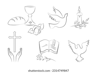 set of christianity icons; dove, holy communion, cross, chalice and bread, bible, lily, candle and hands - vector illustration