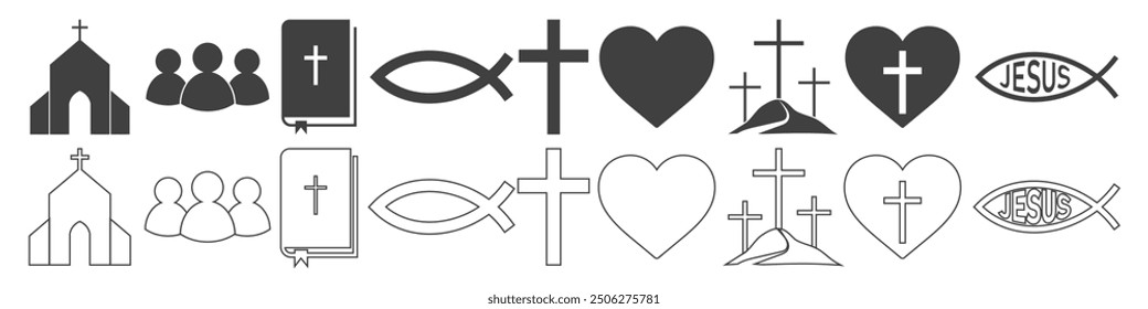 set of christianity icons on white background.