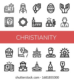 Set of christianity icons. Such as Bible, Nun, Crown of thorns, Prayer, Monastery, Easter egg, Easter, Priest, Pope, Jesus, Church, Communion , christianity icons