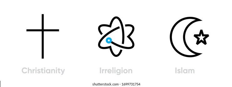 Set of Christianity, Irreligion and Islam icons. Editable line vector. The element of the Christian faith is a cross, an image of an atom and a crescent moon with a star. Group pictogram.