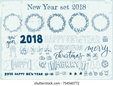 Set of Christmas and 2018 New Year design. Emblems and other decorative elements.