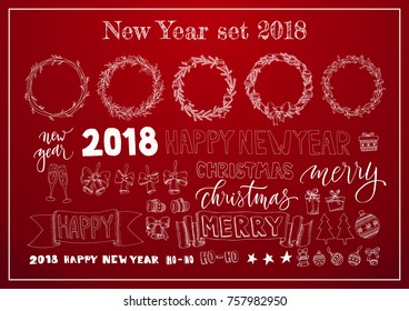 Set of Christmas and 2018 New Year design. Emblems and other decorative elements.