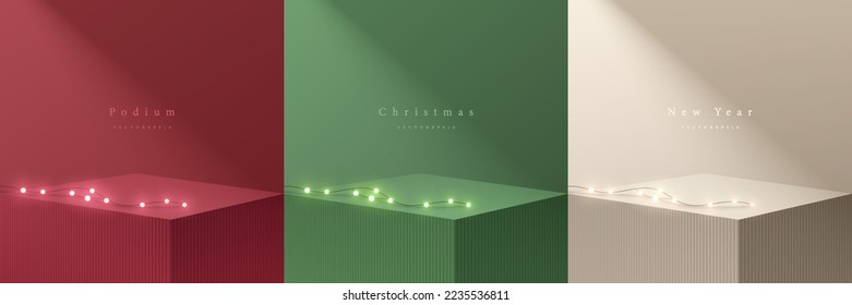 Set of christmas 3D background with red, cream, green realistic cube tables desk, stand podium. Neon bulb lighting. Vector geometric forms. Mockup product display. Minimal wall scene. Stage showcase.