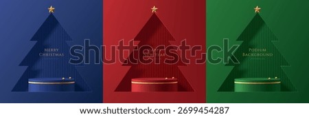Set of Christmas 3D cylindrical podium background in red, green, blue color in window scene. Minimalist platforms geometric mockup pedestal. Abstract product display presentation, Stage for showcase. 