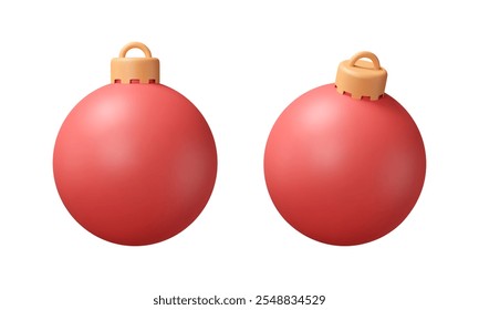 Set of Christmas 3d decorative balls. Red New Year elements. Vector cartoon illustration.