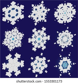 Set of christmas 3d snowflakes on blue background.  Original concept accurate forms and colors. Vector illustration icons. White festive symbols of cold weather, snow, winter holidays.