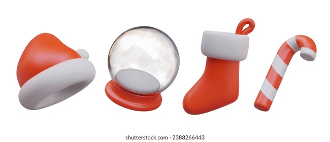 Set of Christmas 3D vector elements. Santa Claus hat, empty glass snow globe, gift stocking, striped candy cane. Red isolated image for festive winter design