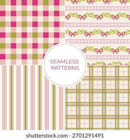 Set of christmas abstract hand drawn vector lines, checks and florals seamless patterns, repeating backgrounds. For wrapping paper, kitchen products, textiles, surface design, party invitations
