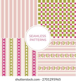 Satz von Weihnachten abstrakte handgezeichnete Vektorlinien, Schecks und Blumen nahtlose Muster, wiederholende Hintergründe. Zum Verpacken von Papier, Küchenartikeln, Textilien, Oberflächendesign, Partyeinladungen