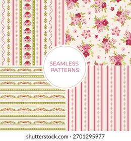 Conjunto de Natal abstrato mão desenhada vetor linhas, cheques e florals padrões sem costura, repetindo fundos. Para embrulhar papel, produtos de cozinha, têxteis, design de superfície, convites para festas