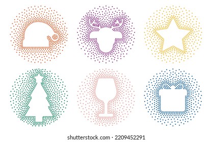 Establece los elementos de diseño de puntos aleatorios del marco de círculo de semitono abstracto de Navidad. Efecto textura patrón aislado, publicidad de plantilla. Christmas de año nuevo árbol de reno champán regalo estrella de sombrero, trandy